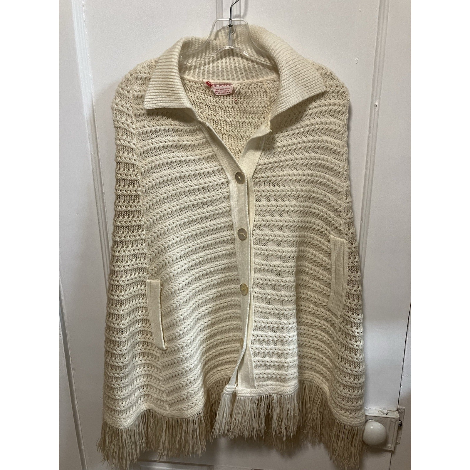 Vintage Womens White Sweater Cape Poncho One Size Julie Knitwear Collared Acryli